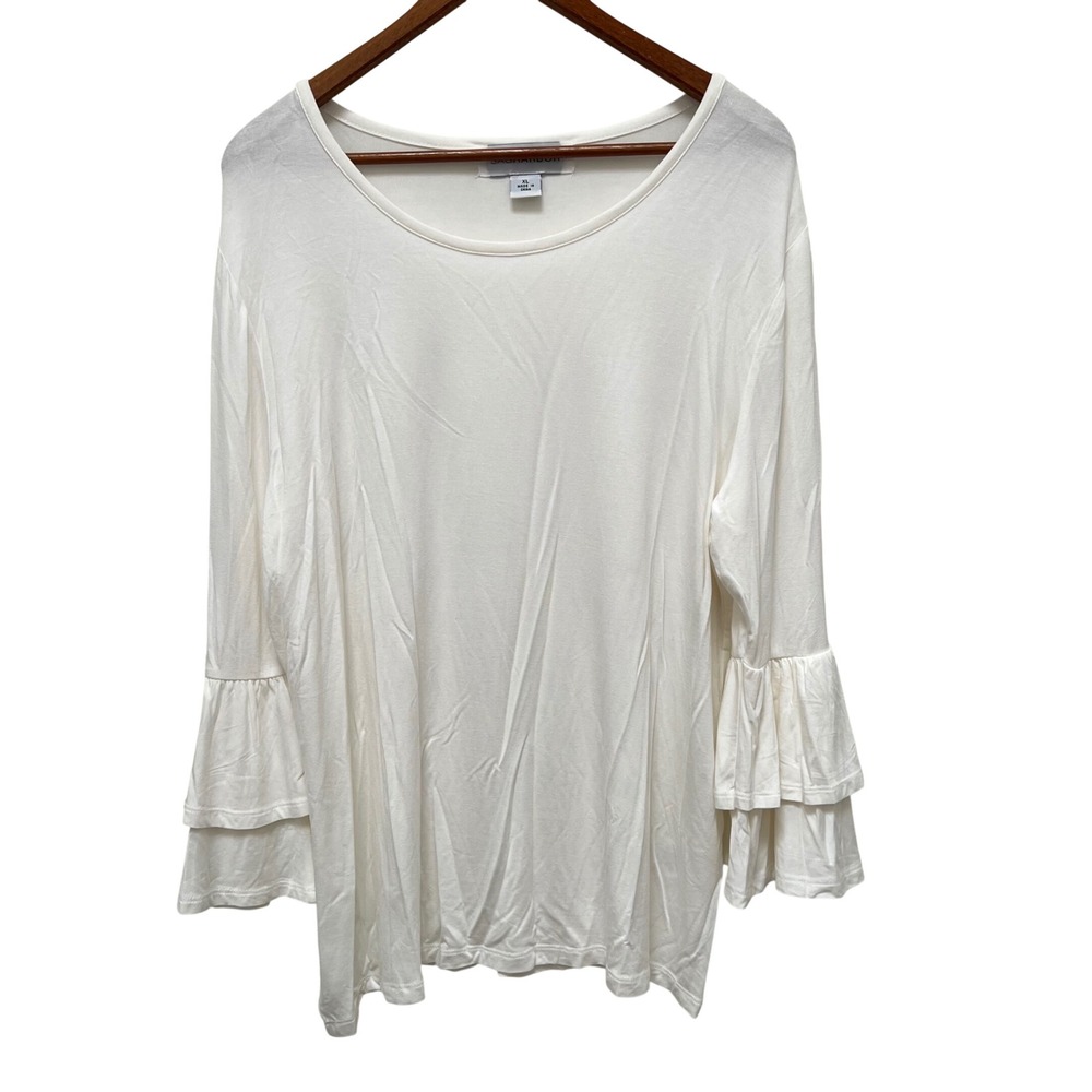 Sag Harbor Womens XL White Tiered Ruffle Bell Sleeve Blouse Romantic Flounce